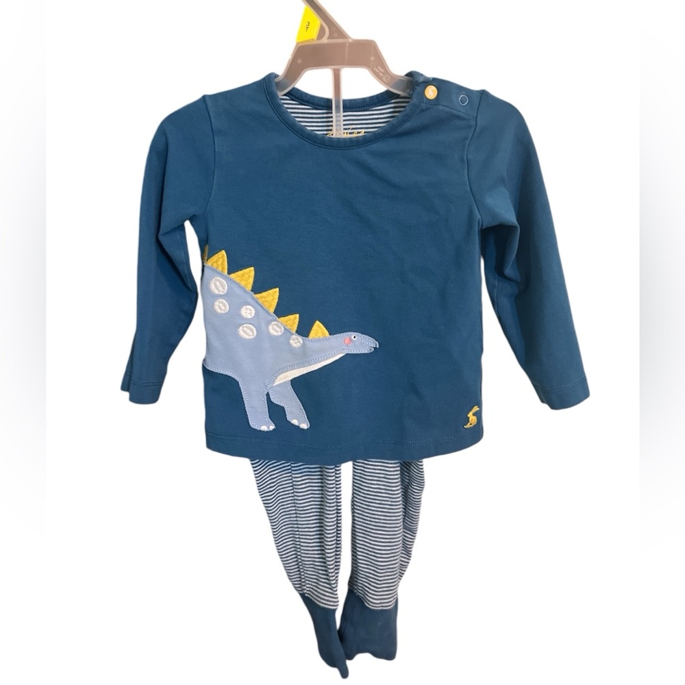 9-12 Mo Joules Boys Stegosaurus Dinosaur Blue w/ Striped Pants Outfit